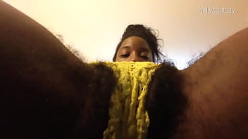 Hairy natural pussy masturbates to orgasm