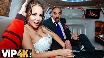 A lucky stranger gets intimate with a stunning bride in the wedding limousine